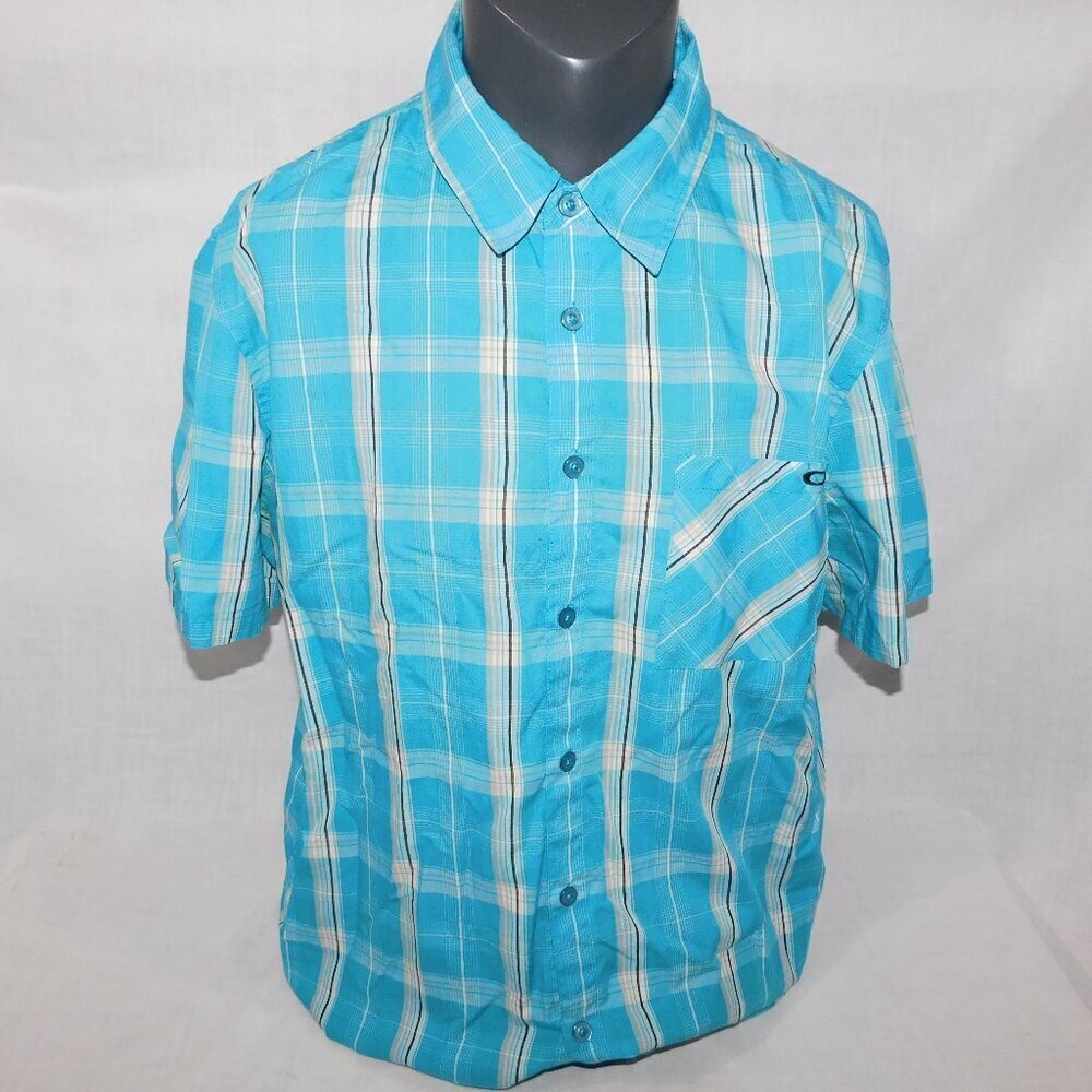 Oakley Blue White Black Plaid Short Sleeve Button Front Shirt Mens XL